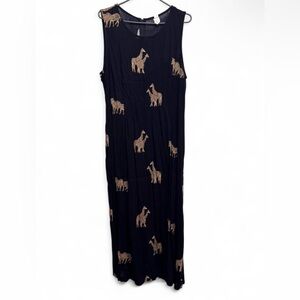 Vintage 90s Black Rayon Safari Animal Print Midi Dress Made in USA Size 16